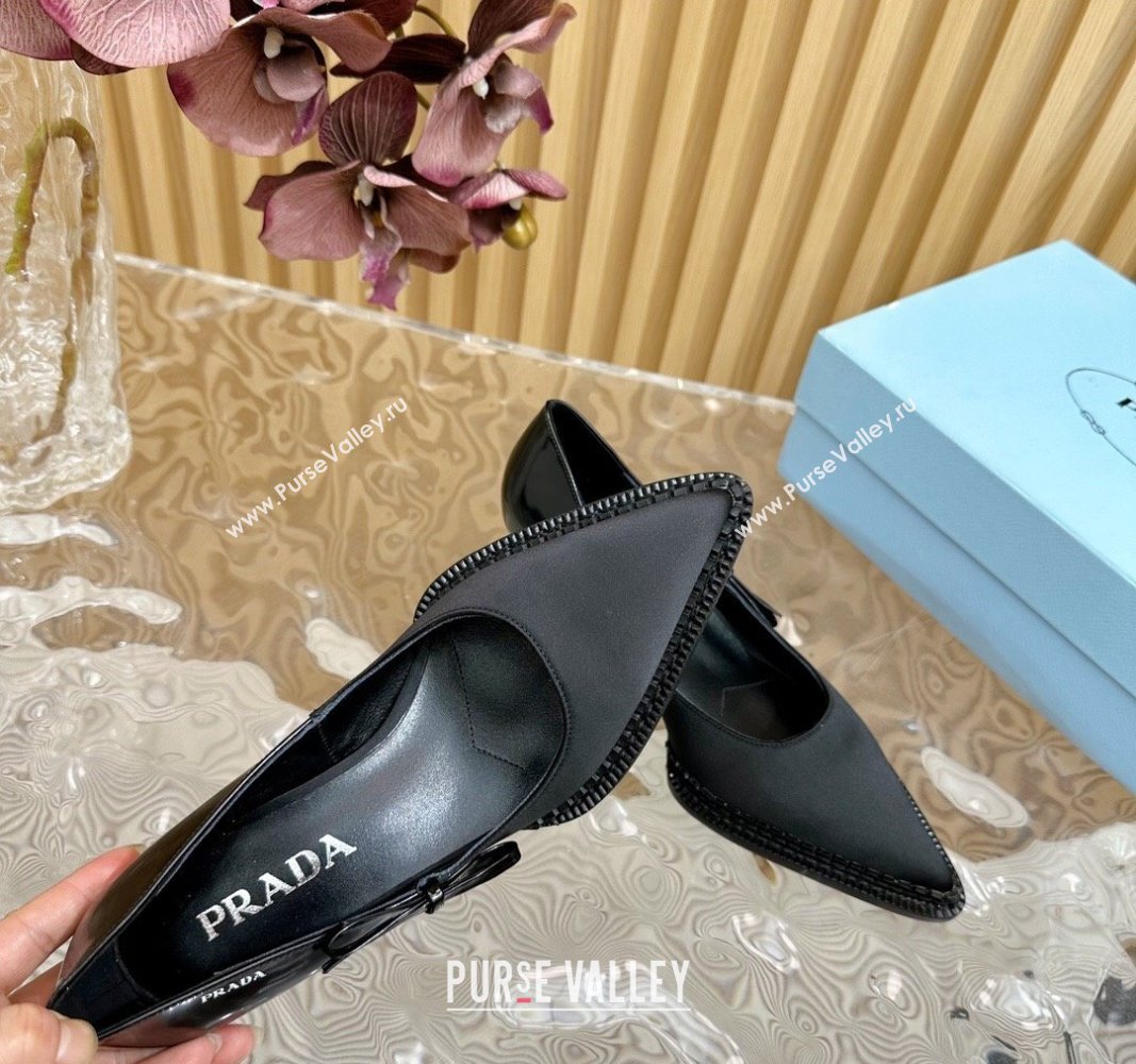 Prada Patchwork Satin Pumps 5cm with Bow Black 2024 081201 (KL-240812006)