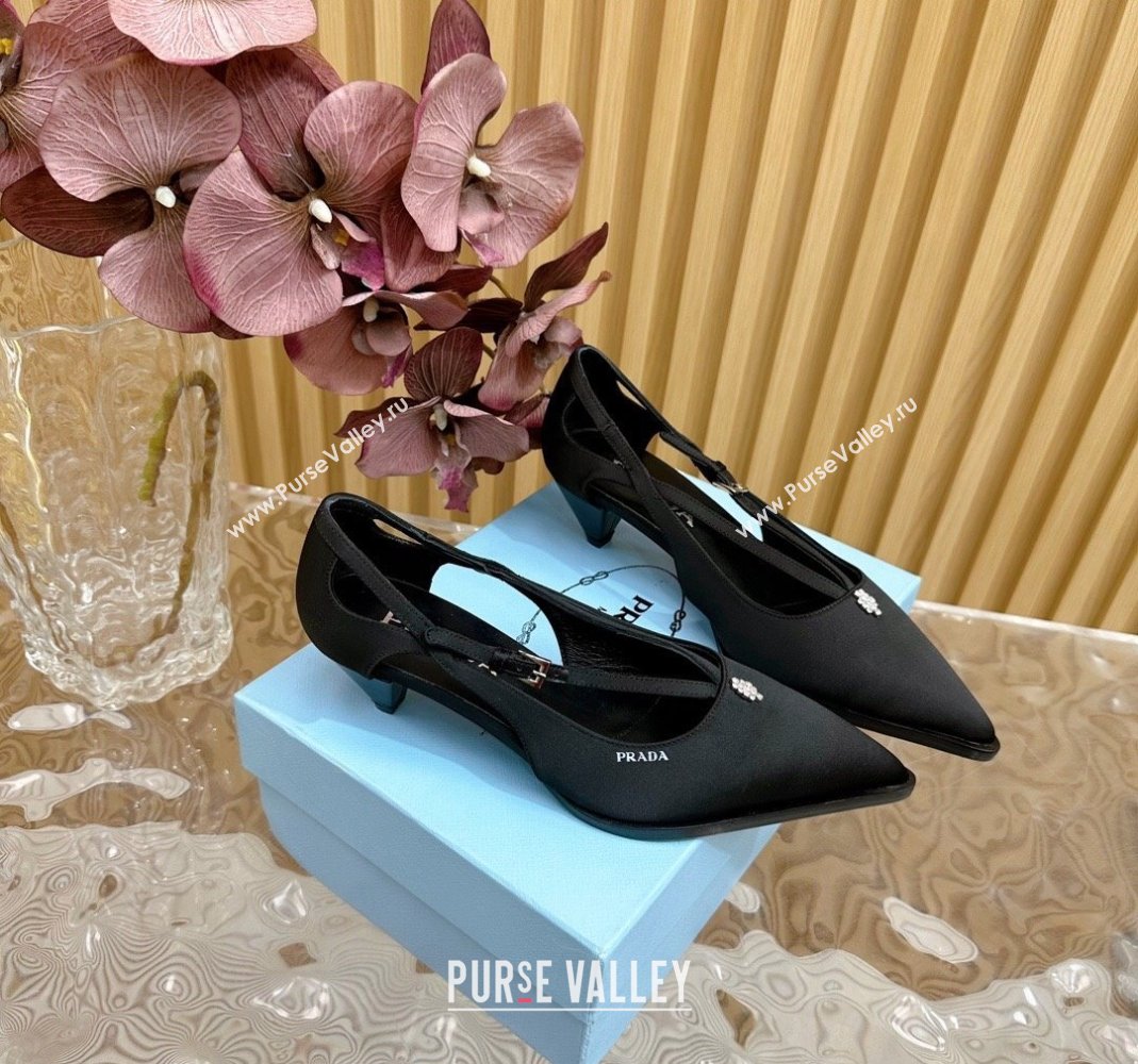 Prada Satin Pumps 5cm with Buckle Black 2024 081203 (KL-240812010)