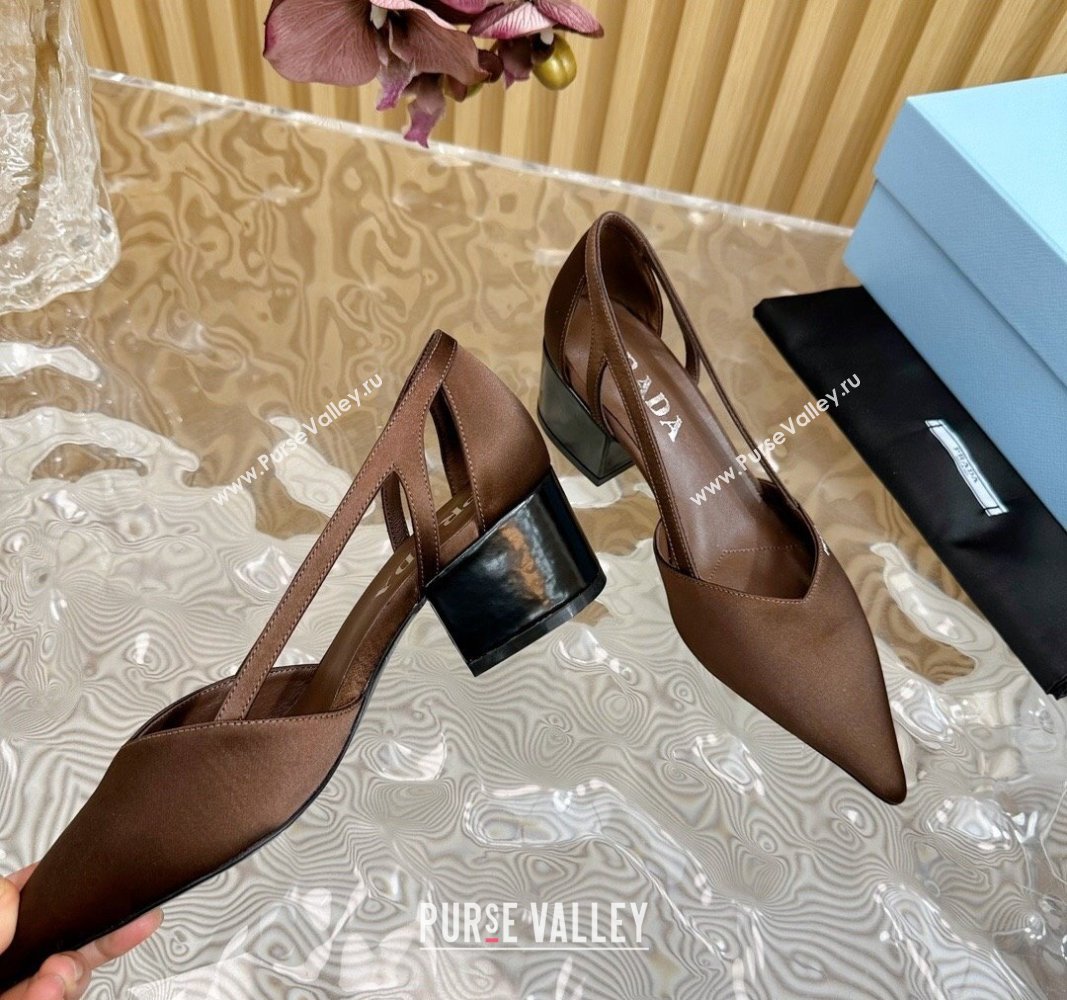 Prada Satin Open Pumps 6cm Brown 2024 081204 (KL-240812015)