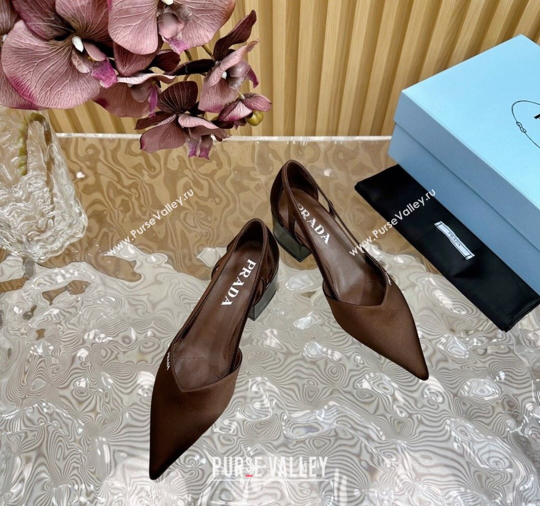 Prada Satin Open Pumps 6cm Brown 2024 081204 (KL-240812015)