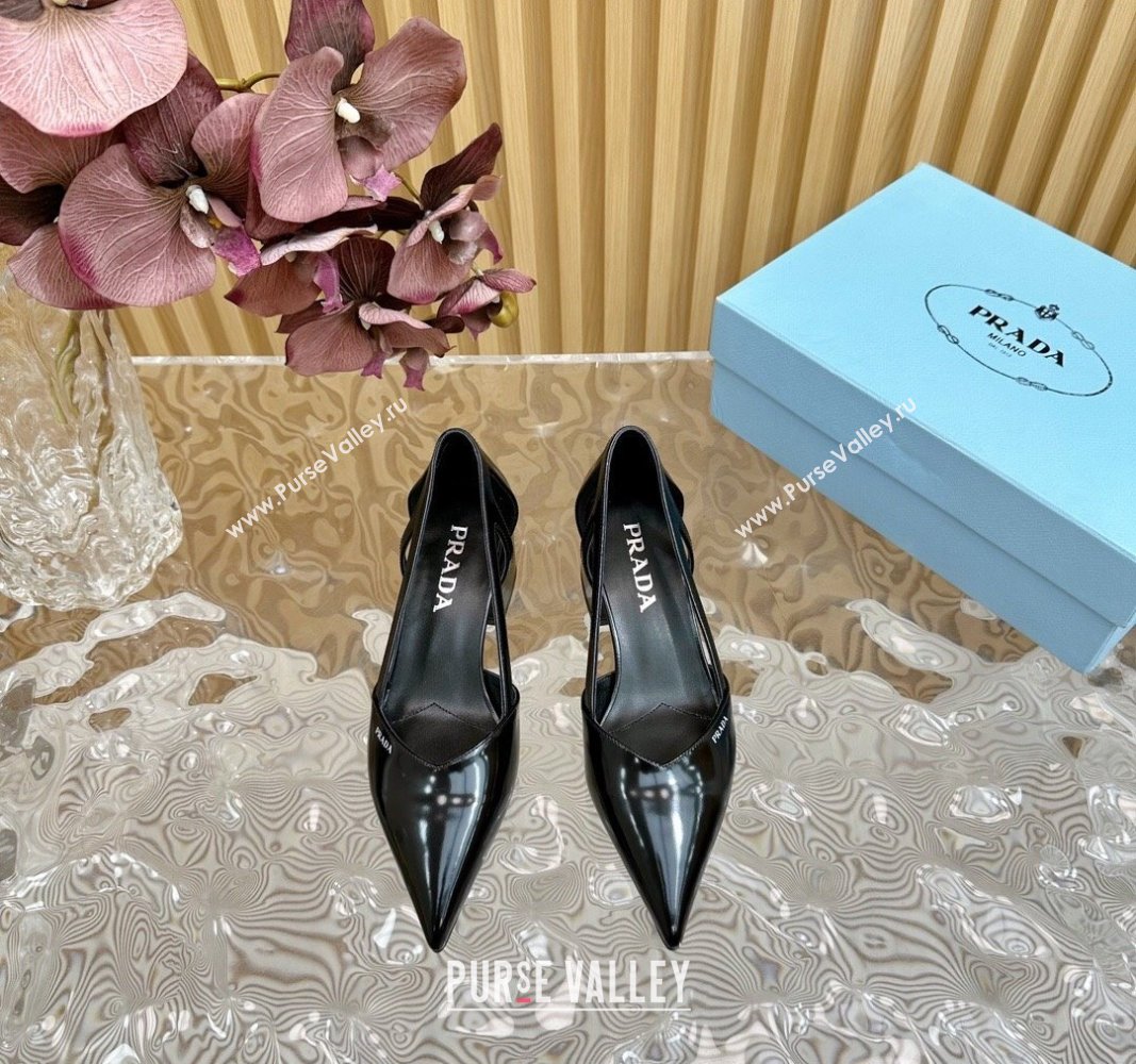 Prada Brushed Leather Open Pumps 6cm Black 2024 081206 (KL-240812020)