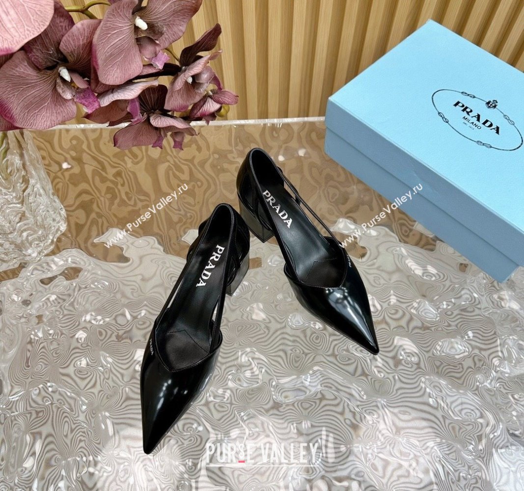 Prada Brushed Leather Open Pumps 6cm Black 2024 081206 (KL-240812020)