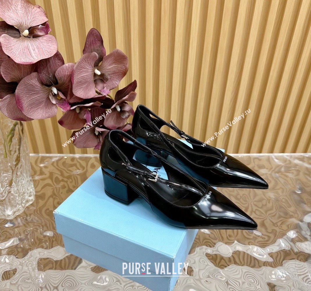 Prada Brushed Leather Pumps 6cm with Buckle Black 2024 081207 (KL-240812026)