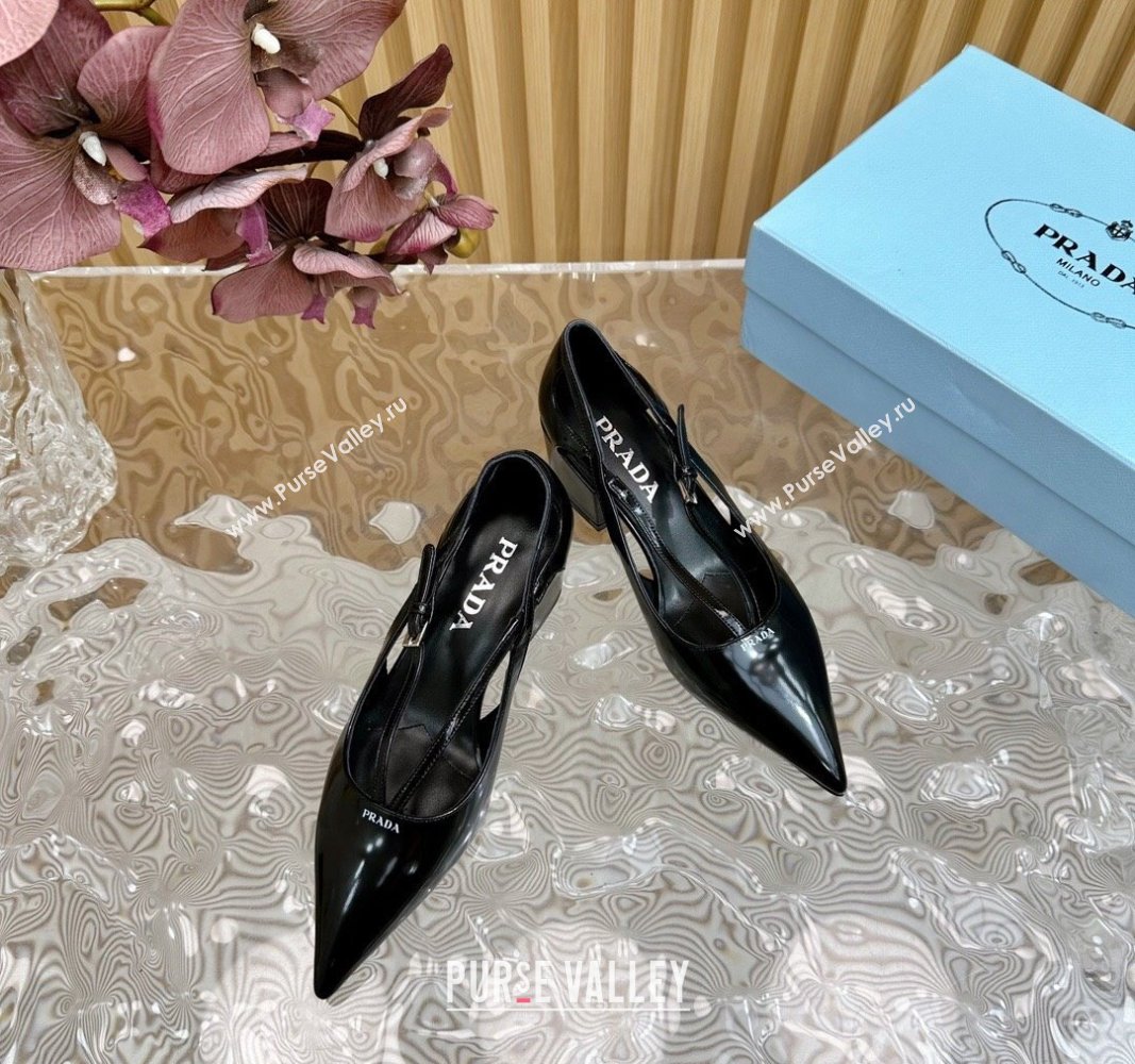 Prada Brushed Leather Pumps 6cm with Buckle Black 2024 081207 (KL-240812026)