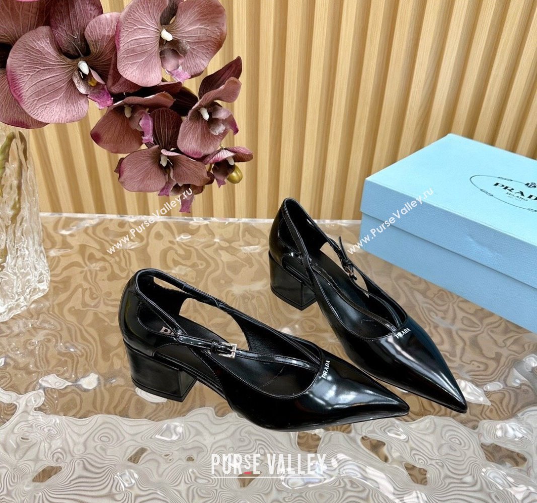 Prada Brushed Leather Pumps 6cm with Buckle Black 2024 081207 (KL-240812026)