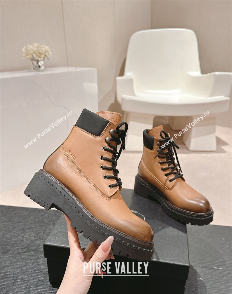 Prada Faded Leather lace-up Ankle Boots 4cm Light Brown 2024 081208 (MD-240812029)