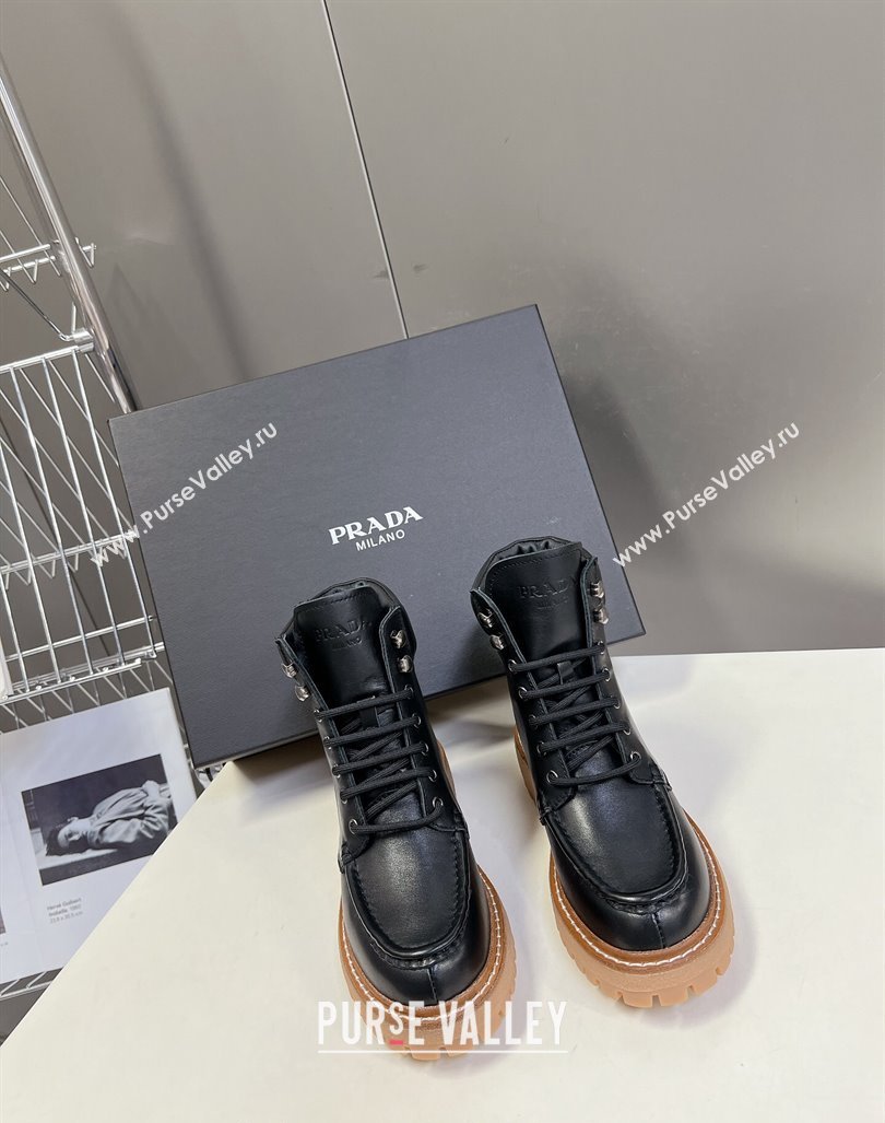 Prada Leather lace-up Ankle Boots 3.5cm Black 2024 081210 (MD-240812035)