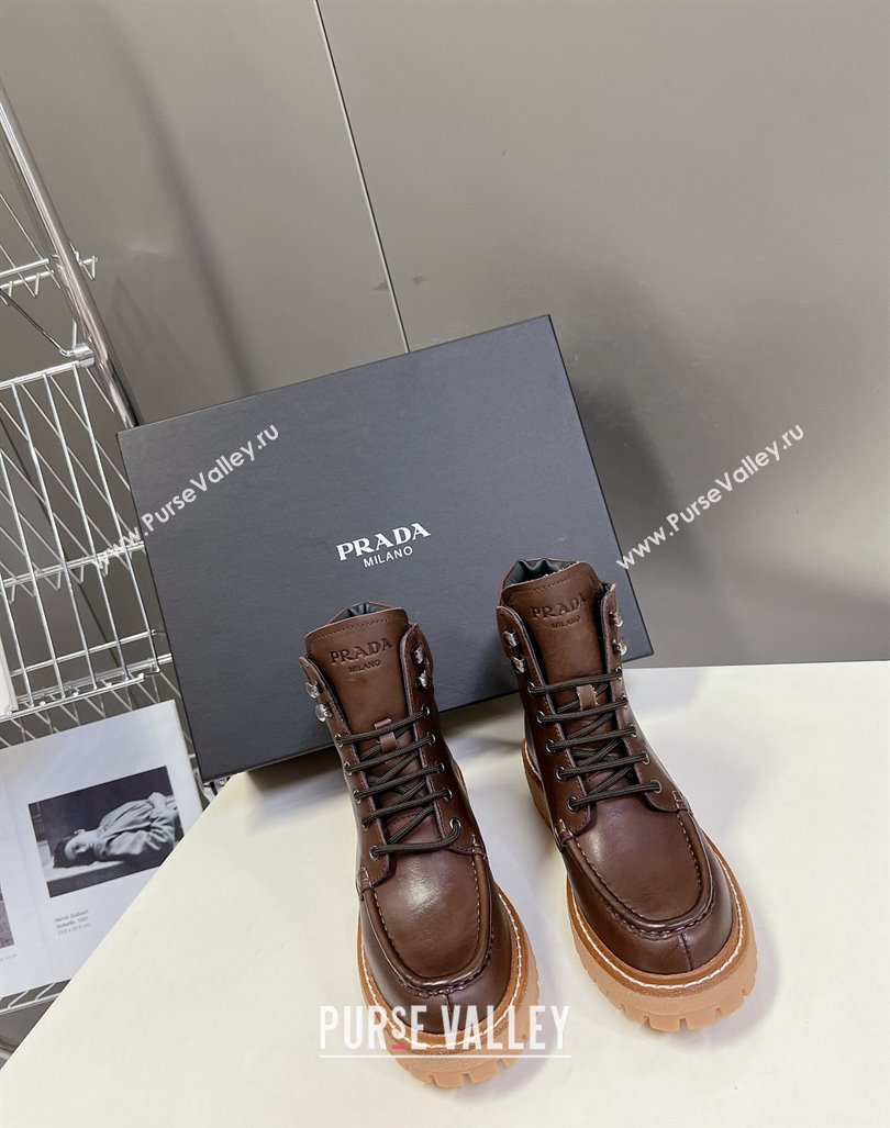 Prada Leather lace-up Ankle Boots 3.5cm Dark Brown 2024 081210 (MD-240812036)