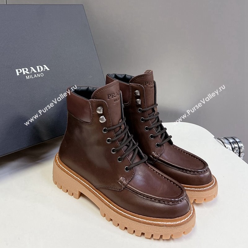 Prada Leather lace-up Ankle Boots 3.5cm Dark Brown 2024 081210 (MD-240812036)