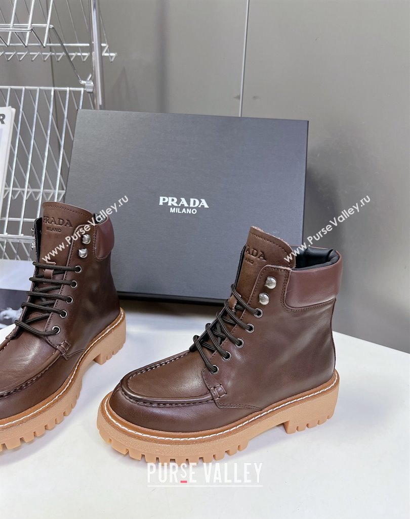 Prada Leather lace-up Ankle Boots 3.5cm Dark Brown 2024 081210 (MD-240812036)