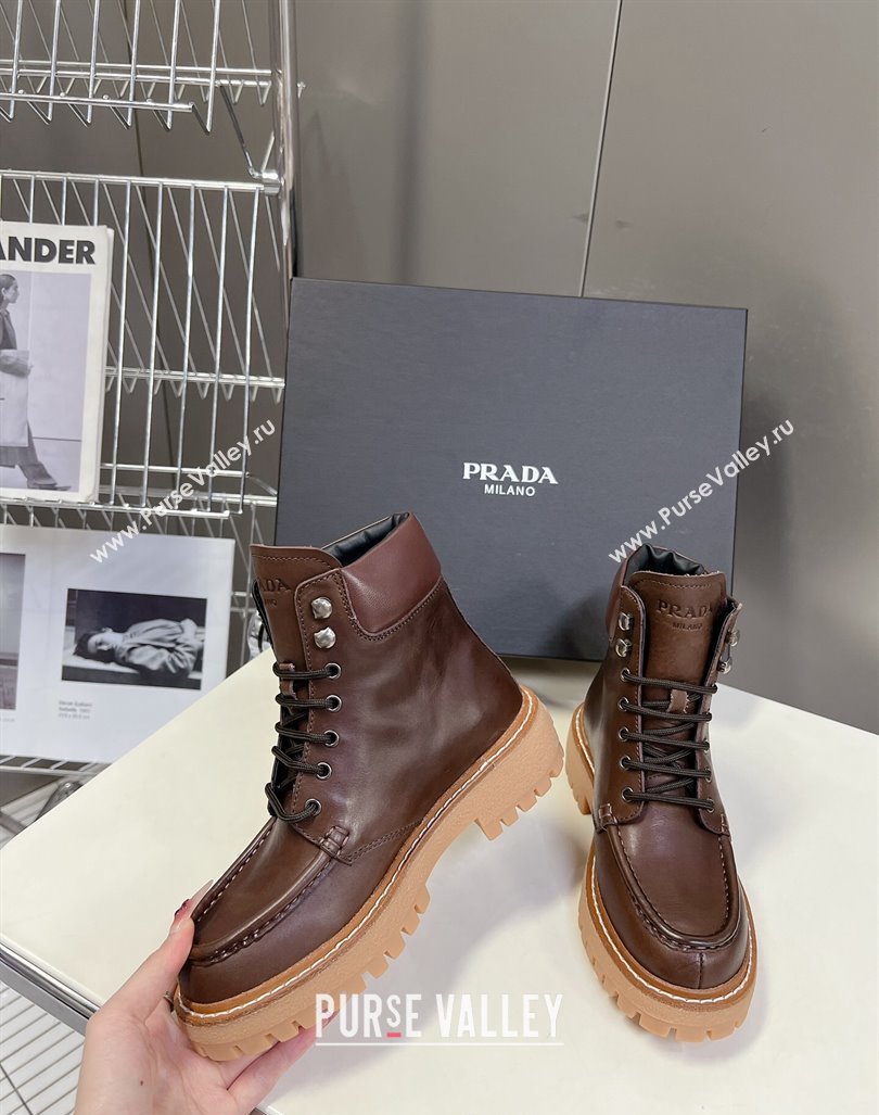 Prada Leather lace-up Ankle Boots 3.5cm Dark Brown 2024 081210 (MD-240812036)