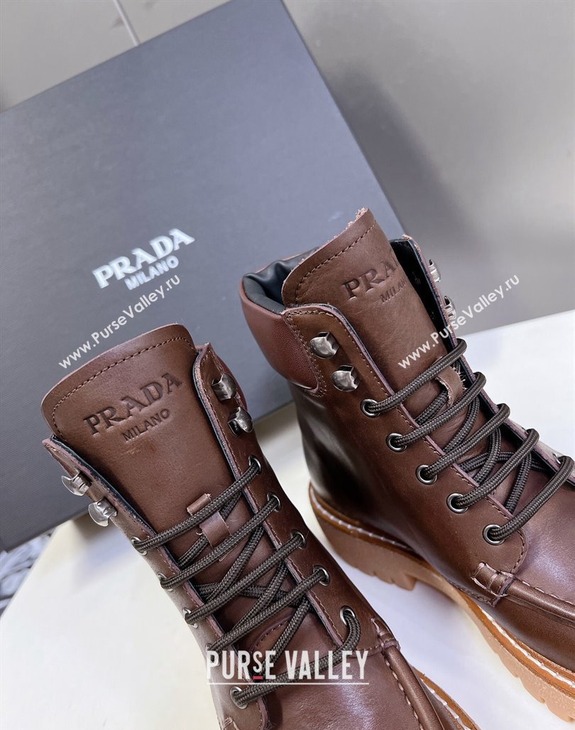 Prada Leather lace-up Ankle Boots 3.5cm Dark Brown 2024 081210 (MD-240812036)