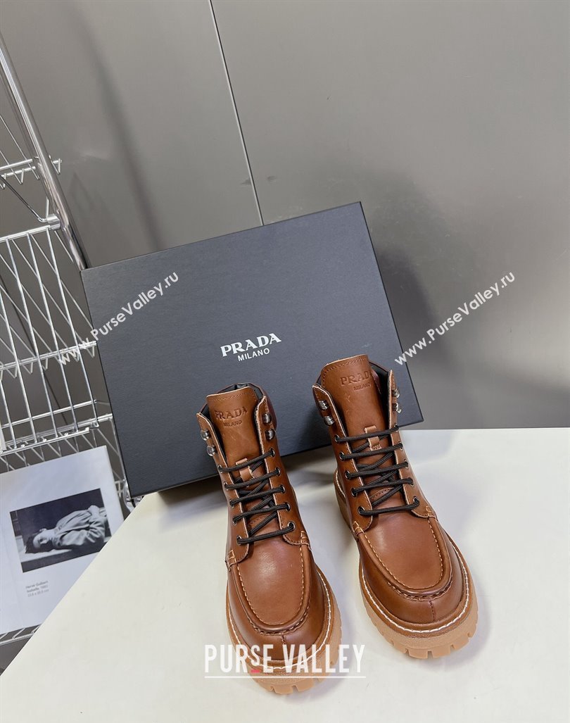 Prada Leather lace-up Ankle Boots 3.5cm Cognac Brown 2024 081210 (MD-240812037)