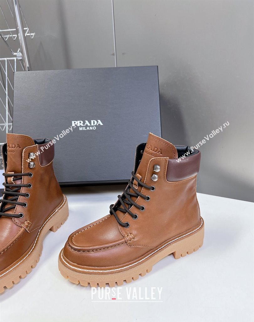 Prada Leather lace-up Ankle Boots 3.5cm Cognac Brown 2024 081210 (MD-240812037)