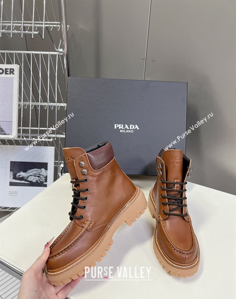 Prada Leather lace-up Ankle Boots 3.5cm Cognac Brown 2024 081210 (MD-240812037)