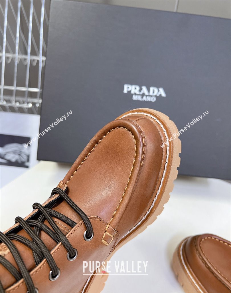 Prada Leather lace-up Ankle Boots 3.5cm Cognac Brown 2024 081210 (MD-240812037)