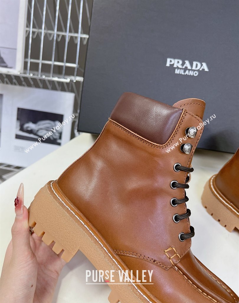 Prada Leather lace-up Ankle Boots 3.5cm Cognac Brown 2024 081210 (MD-240812037)