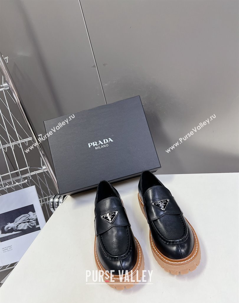 Prada Double Chocolate leather platform loafers Black 2024 0812 (MD-240812038)