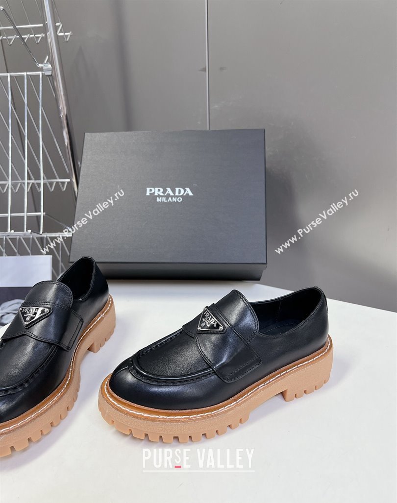 Prada Double Chocolate leather platform loafers Black 2024 0812 (MD-240812038)