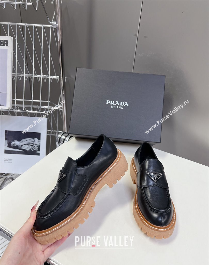 Prada Double Chocolate leather platform loafers Black 2024 0812 (MD-240812038)