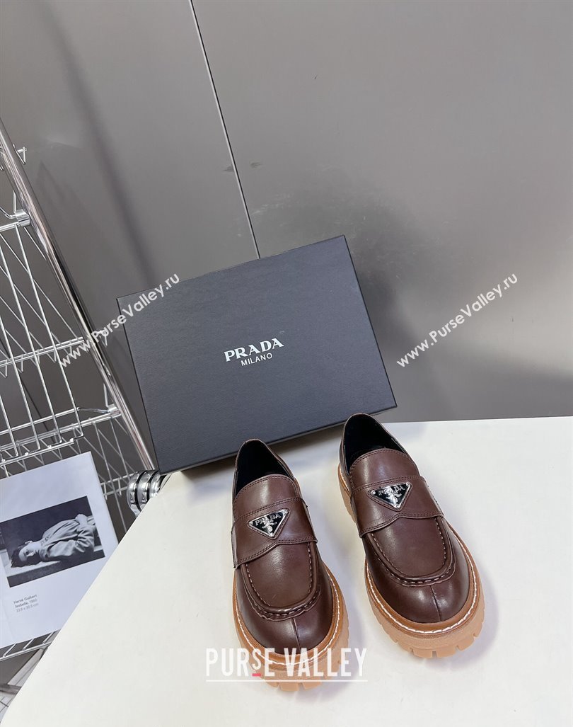 Prada Double Chocolate leather platform loafers Dark Brown 2024 0812 (MD-240812039)