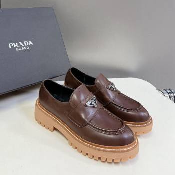 Prada Double Chocolate leather platform loafers Dark Brown 2024 0812 (MD-240812039)