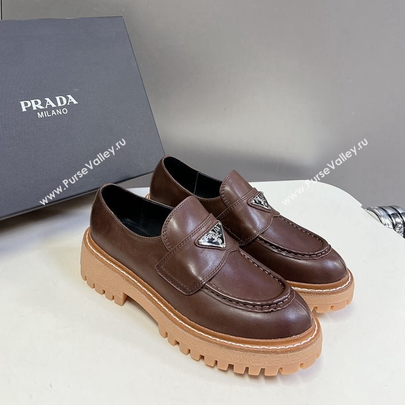 Prada Double Chocolate leather platform loafers Dark Brown 2024 0812 (MD-240812039)