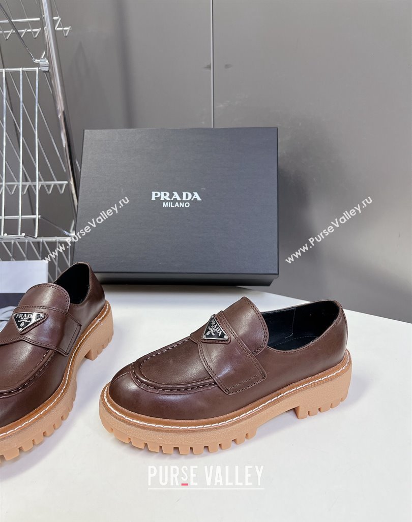 Prada Double Chocolate leather platform loafers Dark Brown 2024 0812 (MD-240812039)