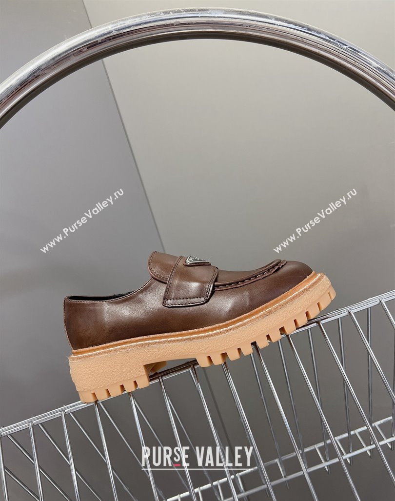 Prada Double Chocolate leather platform loafers Dark Brown 2024 0812 (MD-240812039)