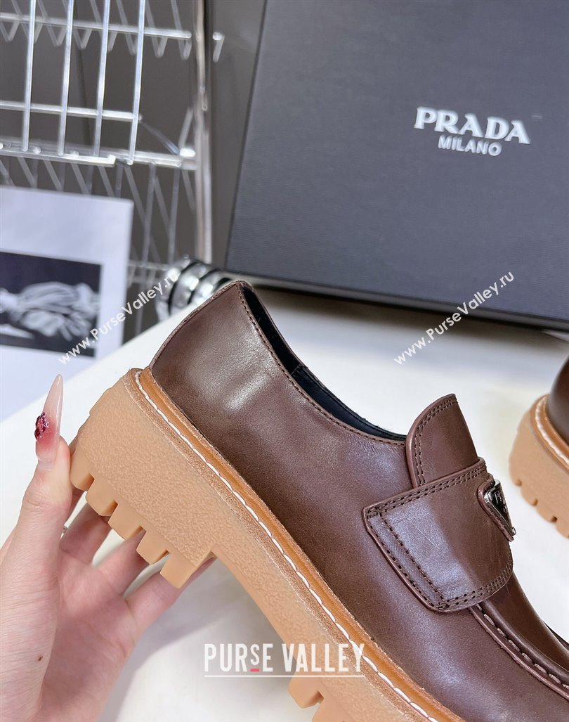 Prada Double Chocolate leather platform loafers Dark Brown 2024 0812 (MD-240812039)