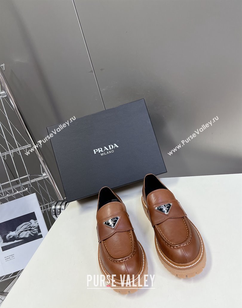 Prada Double Chocolate leather platform loafers Cognac Brown 2024 0812 (MD-240812040)