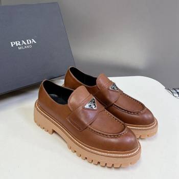 Prada Double Chocolate leather platform loafers Cognac Brown 2024 0812 (MD-240812040)