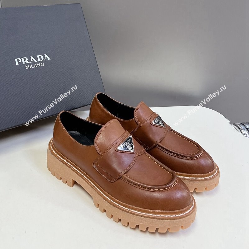 Prada Double Chocolate leather platform loafers Cognac Brown 2024 0812 (MD-240812040)