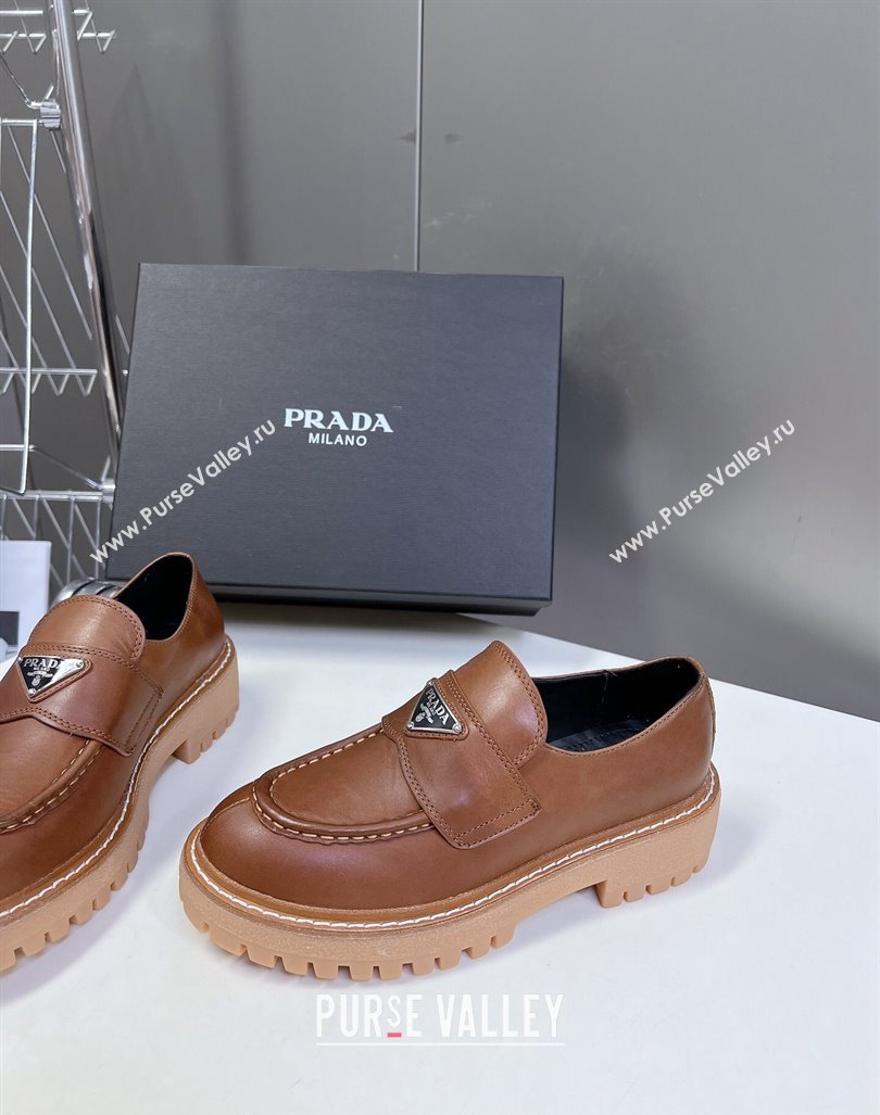 Prada Double Chocolate leather platform loafers Cognac Brown 2024 0812 (MD-240812040)