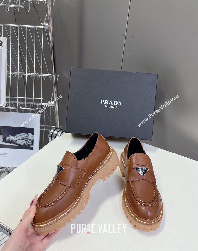 Prada Double Chocolate leather platform loafers Cognac Brown 2024 0812 (MD-240812040)