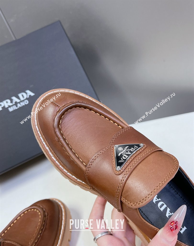 Prada Double Chocolate leather platform loafers Cognac Brown 2024 0812 (MD-240812040)