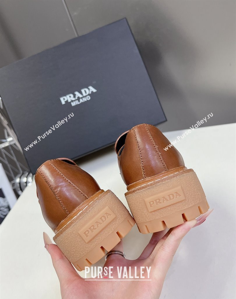 Prada Double Chocolate leather platform loafers Cognac Brown 2024 0812 (MD-240812040)