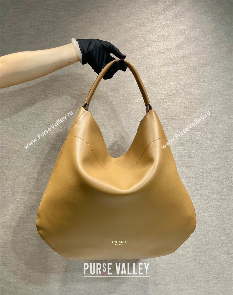 Prada Large leather hobo shoulder bag Caramel Brown 2024 1BC219 (YZ-240827067)