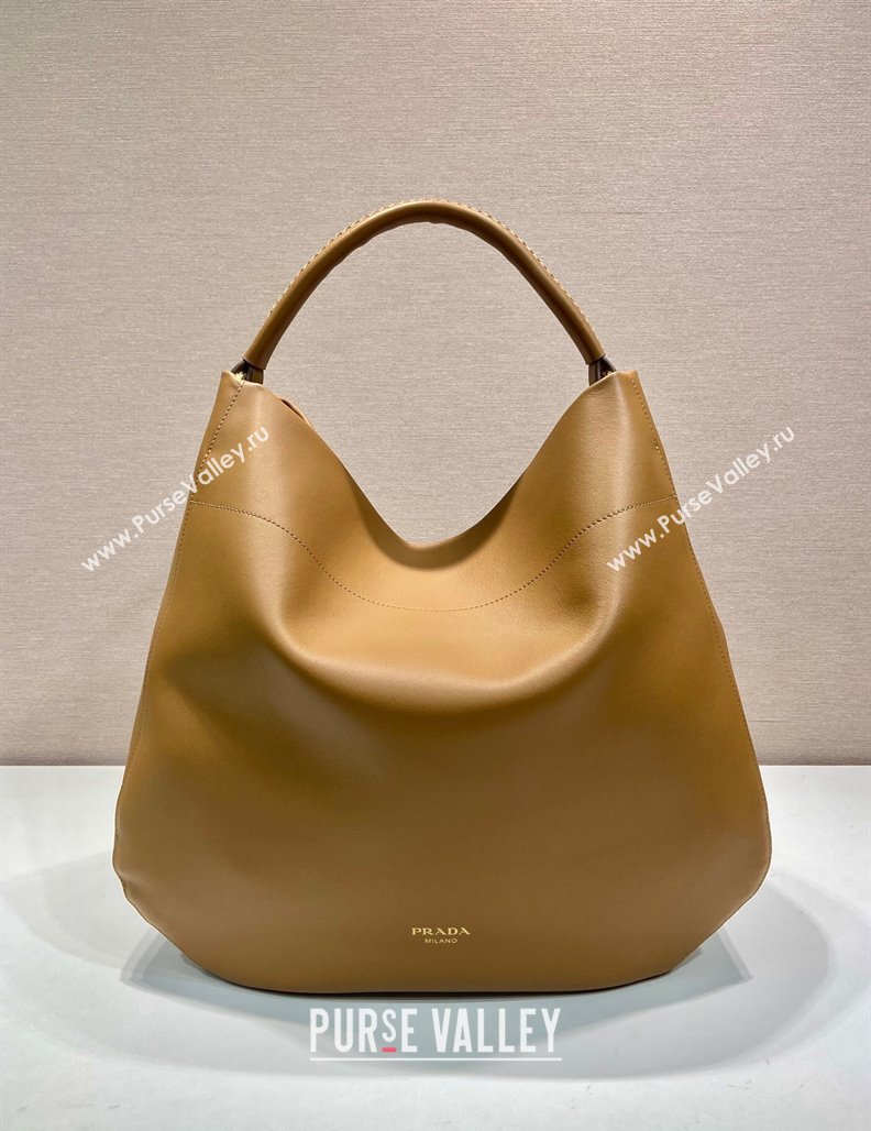 Prada Large leather hobo shoulder bag Caramel Brown 2024 1BC219 (YZ-240827067)