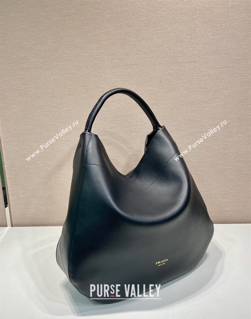 Prada Large leather hobo shoulder bag Black 2024 1BC219 (YZ-240827068)