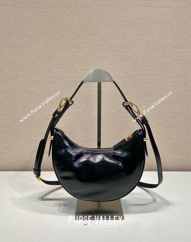 Prada Shiny Leather Shoulder Hobo Bag 1BC194 Black 2024 (YZ-240827071)