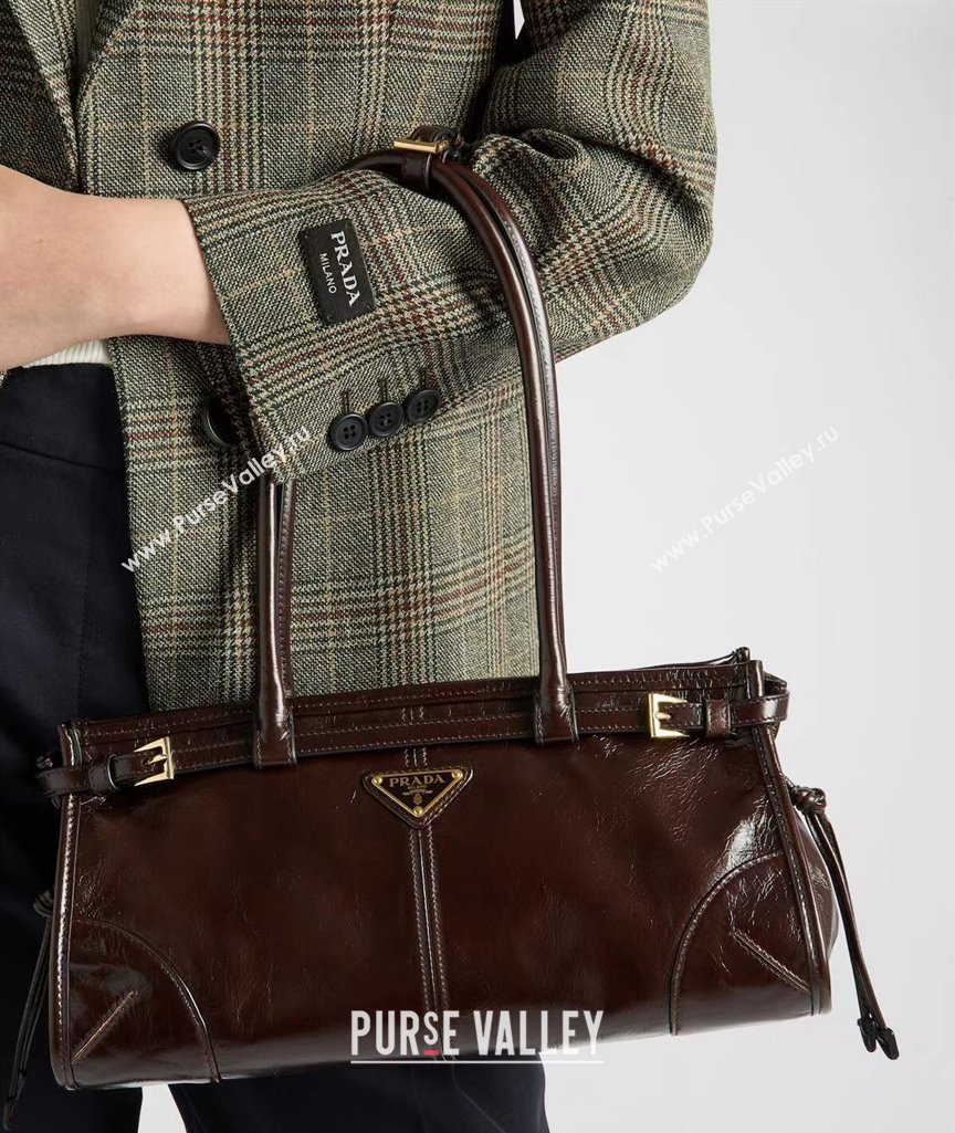 Prada Medium shiny leather handbag 1BA426 Dark Brown 2024 (YZ-240827074)