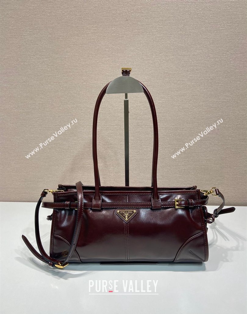 Prada Medium shiny leather handbag 1BA426 Dark Brown 2024 (YZ-240827074)