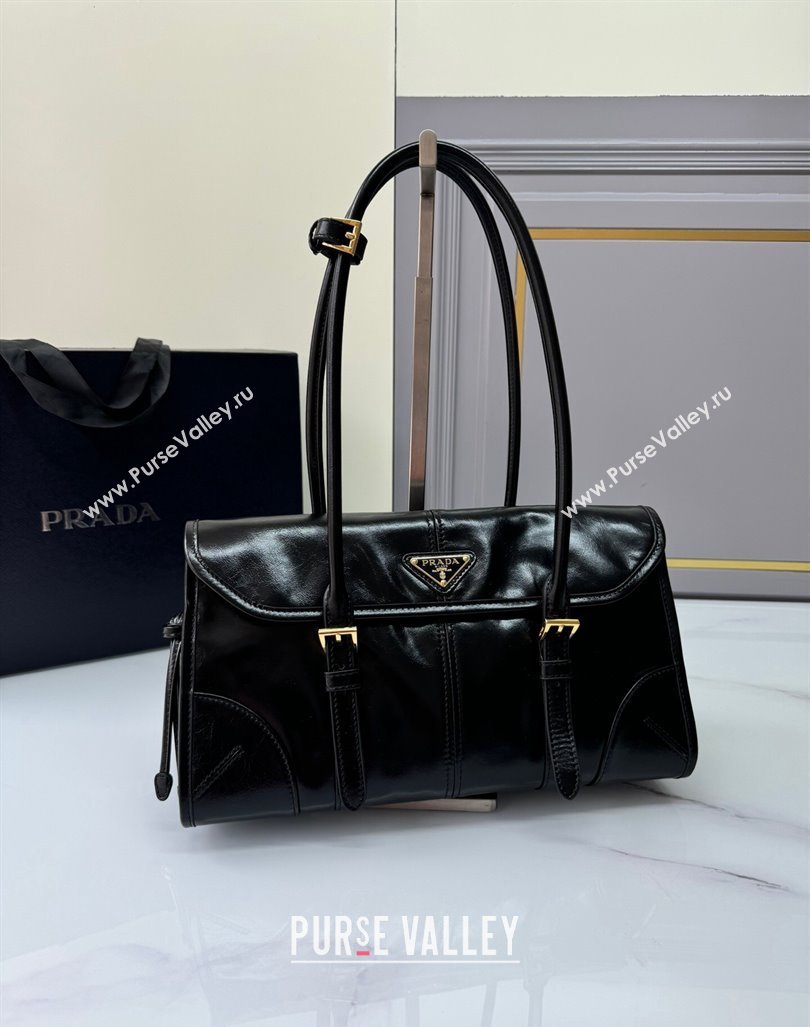 Prada Medium shiny leather shoulder bag black 2024 1BD376 (YZ-240827062)