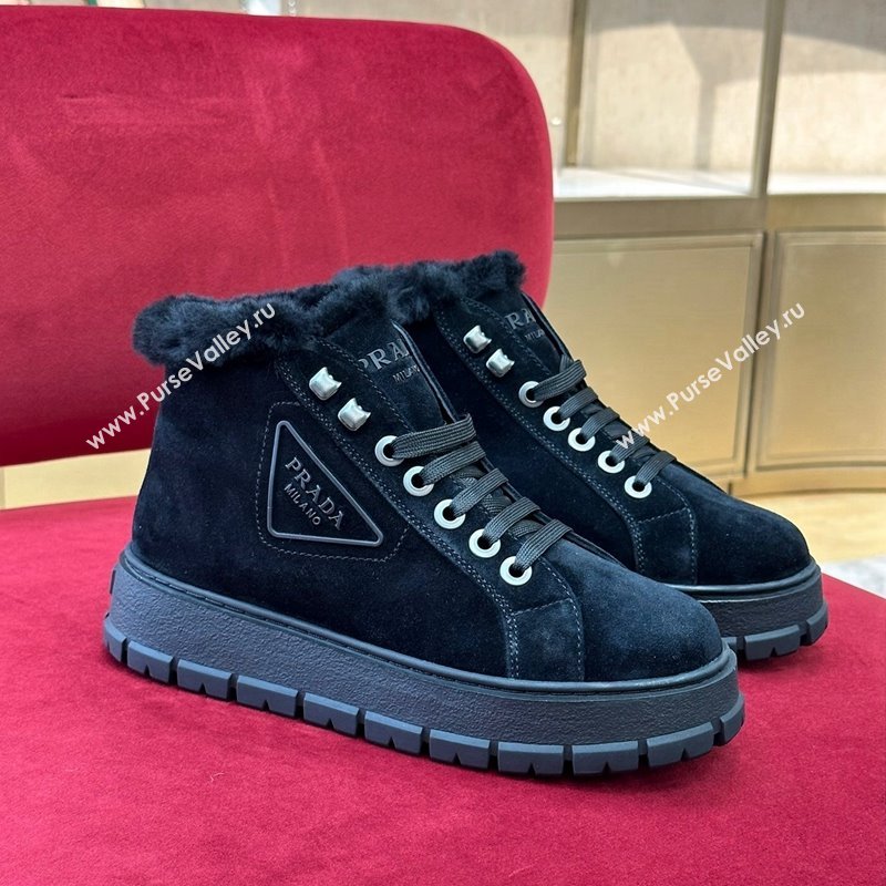 Prada Suede Wool Laced up Ankle Boots 5cm Black 2024 PR090401 (SS-240904002)