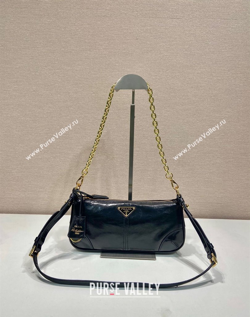 Prada Re-Edition 2002 medium leather hobo shoulder bag 1BC221 Black 2024 (YZ-240923011)