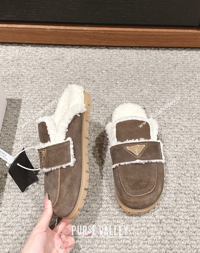 Prada Suede and shearling slippers Taupe Grey 2024 PR101107 (SS-241011112)