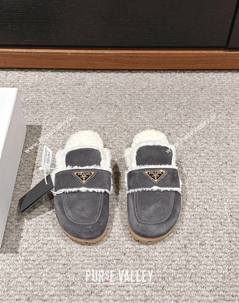 Prada Suede and shearling slippers Dark Grey 2024 PR101107 (SS-241011113)