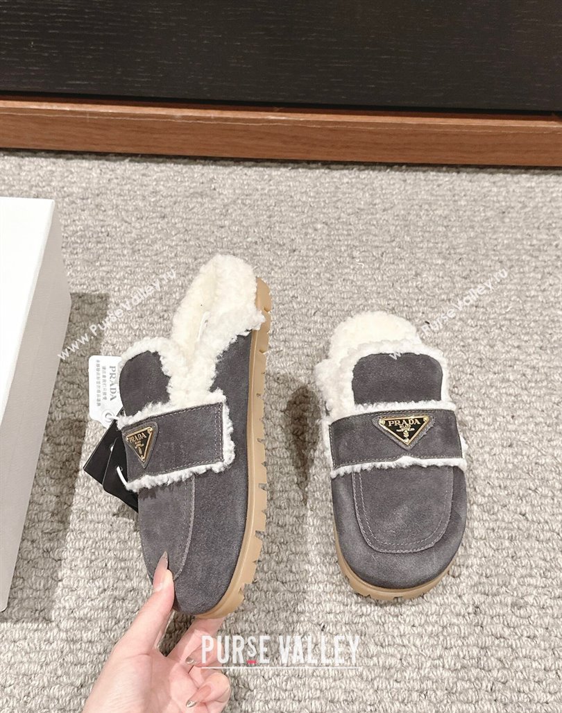 Prada Suede and shearling slippers Dark Grey 2024 PR101107 (SS-241011113)