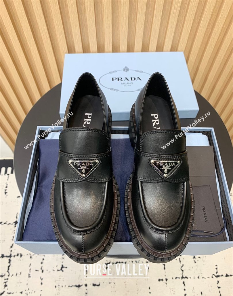 Prada Double Chocolate leather loafers 5cm Black 2024 PR101102 (KER-241011090)